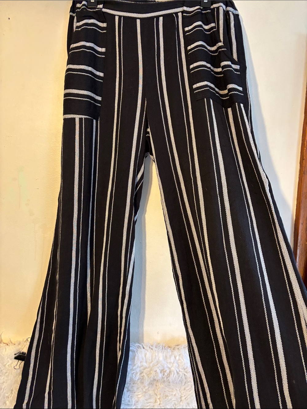 raya sun Black & White Vertical Stripe Wide-Leg Pants